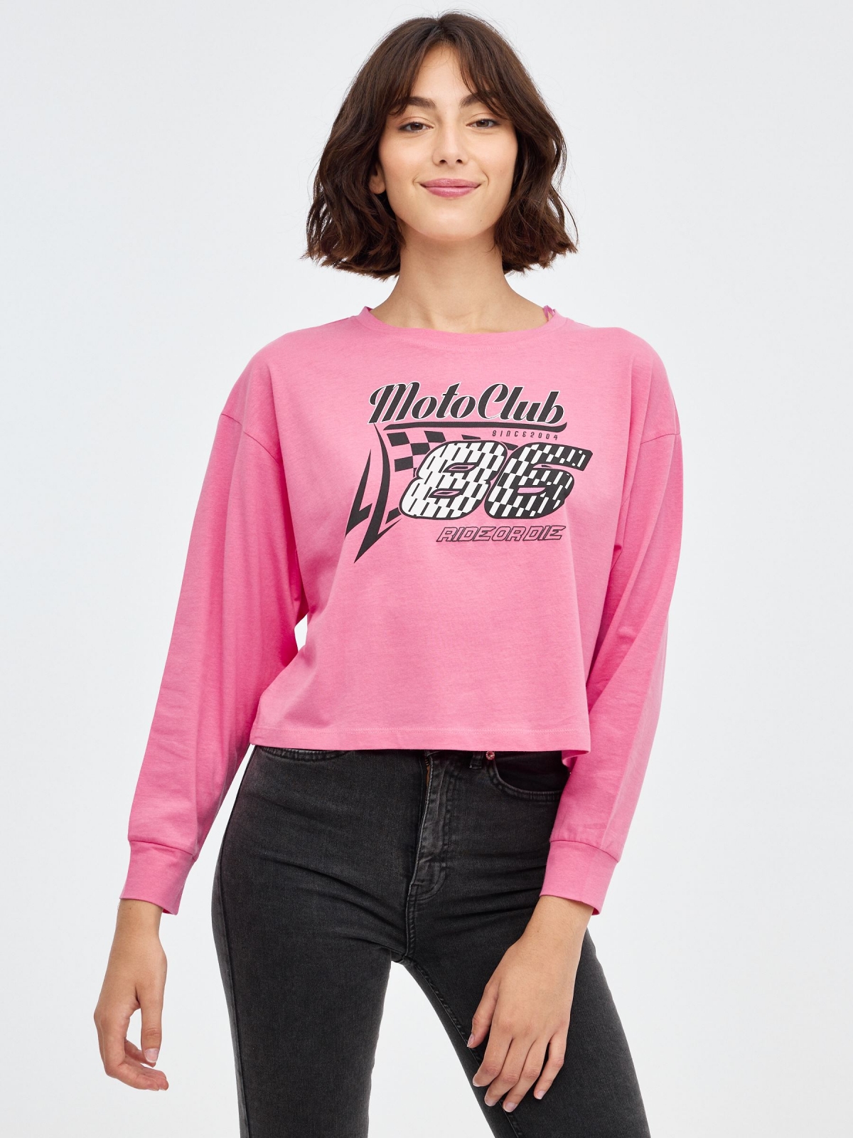Camiseta crop Moto Club rosa vista media frontal