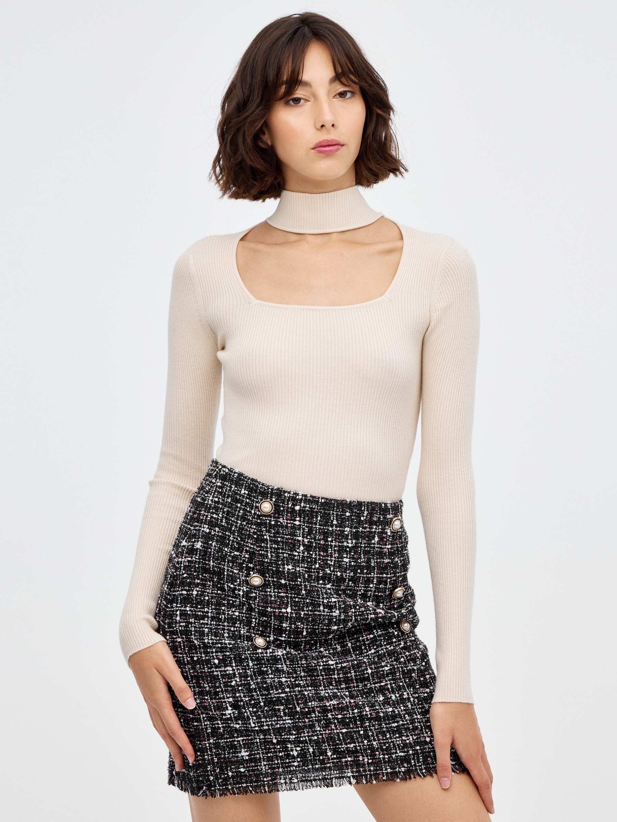 Slim turtleneck sweater beige middle front view