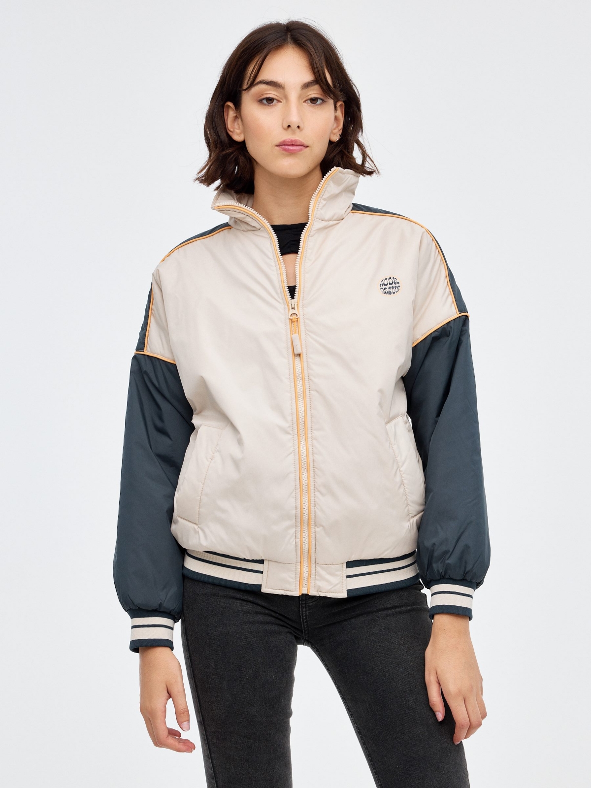 Colour block jacket and graphic navy middle front view