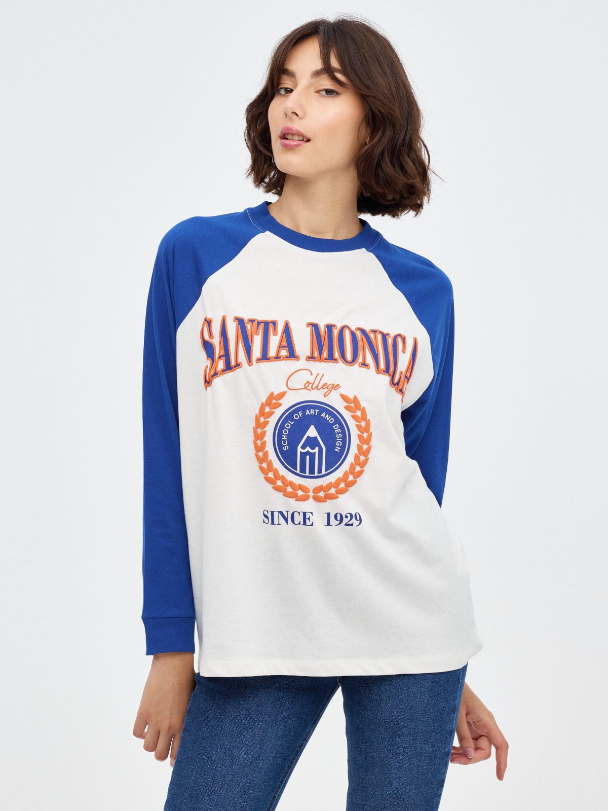 T-shirt com print Santa Monica azul escuro vista meia frontal