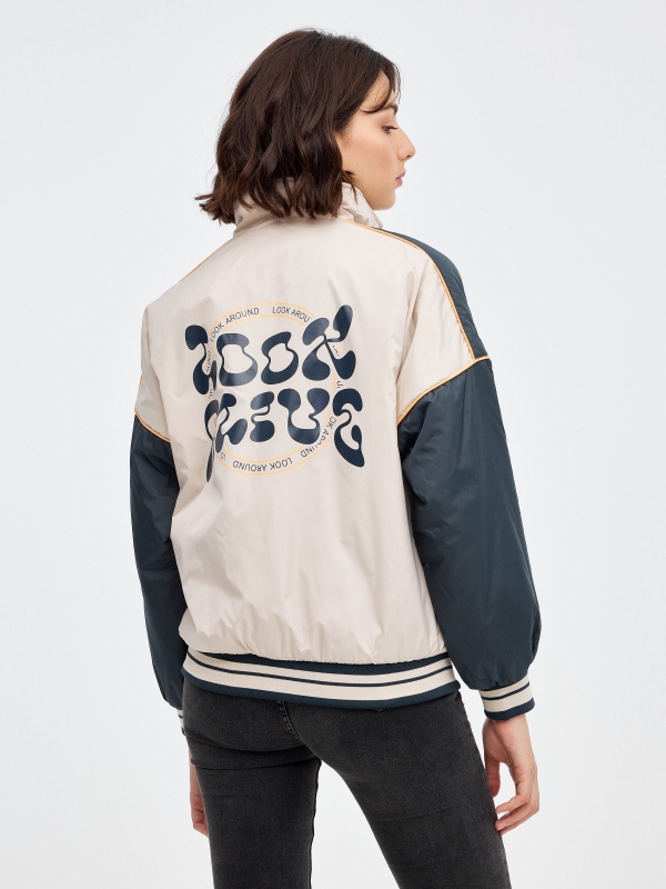 Colour block jacket and graphic navy middle back view