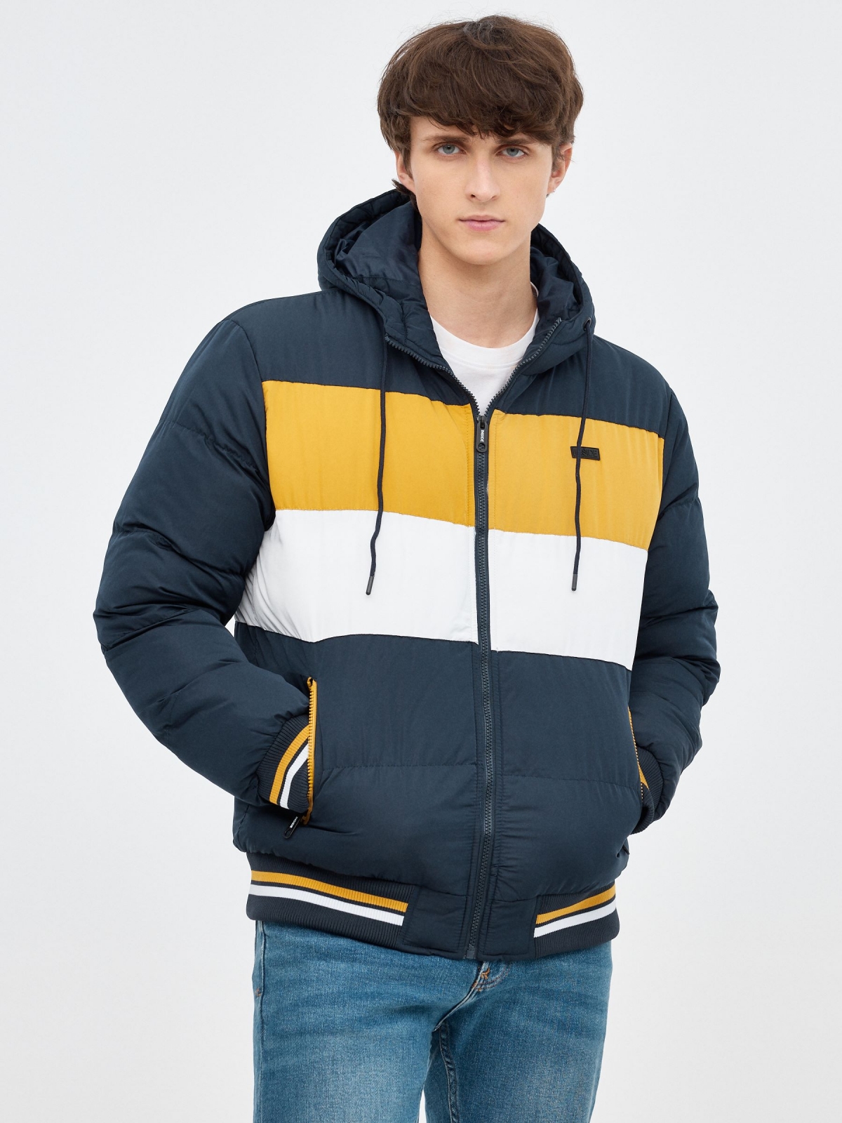 Nylon block color jacket with hood blue middle front view