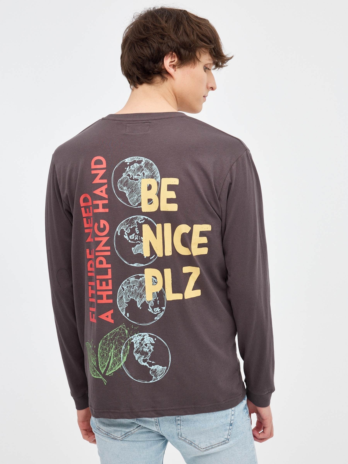 Be Nice Plz T-shirt dark grey middle back view