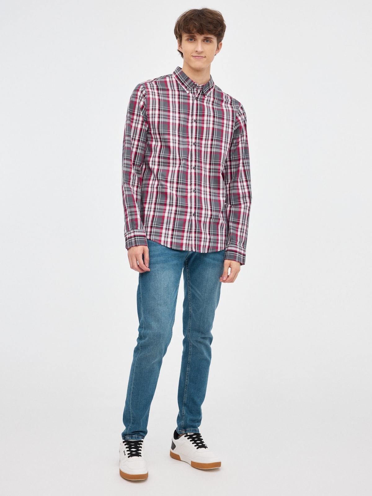 Checked cotton shirt red front view