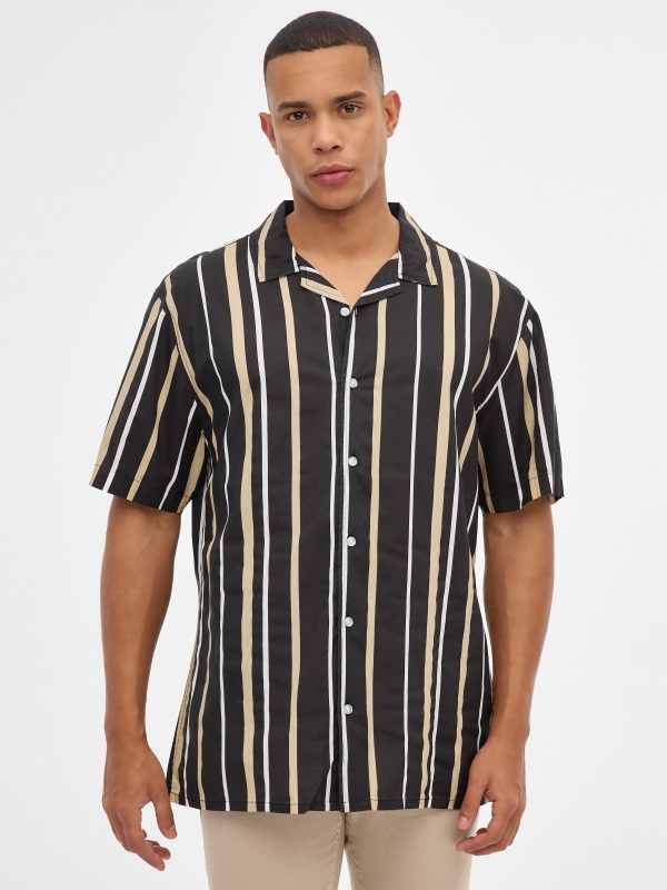 Man striped shirt black middle front view