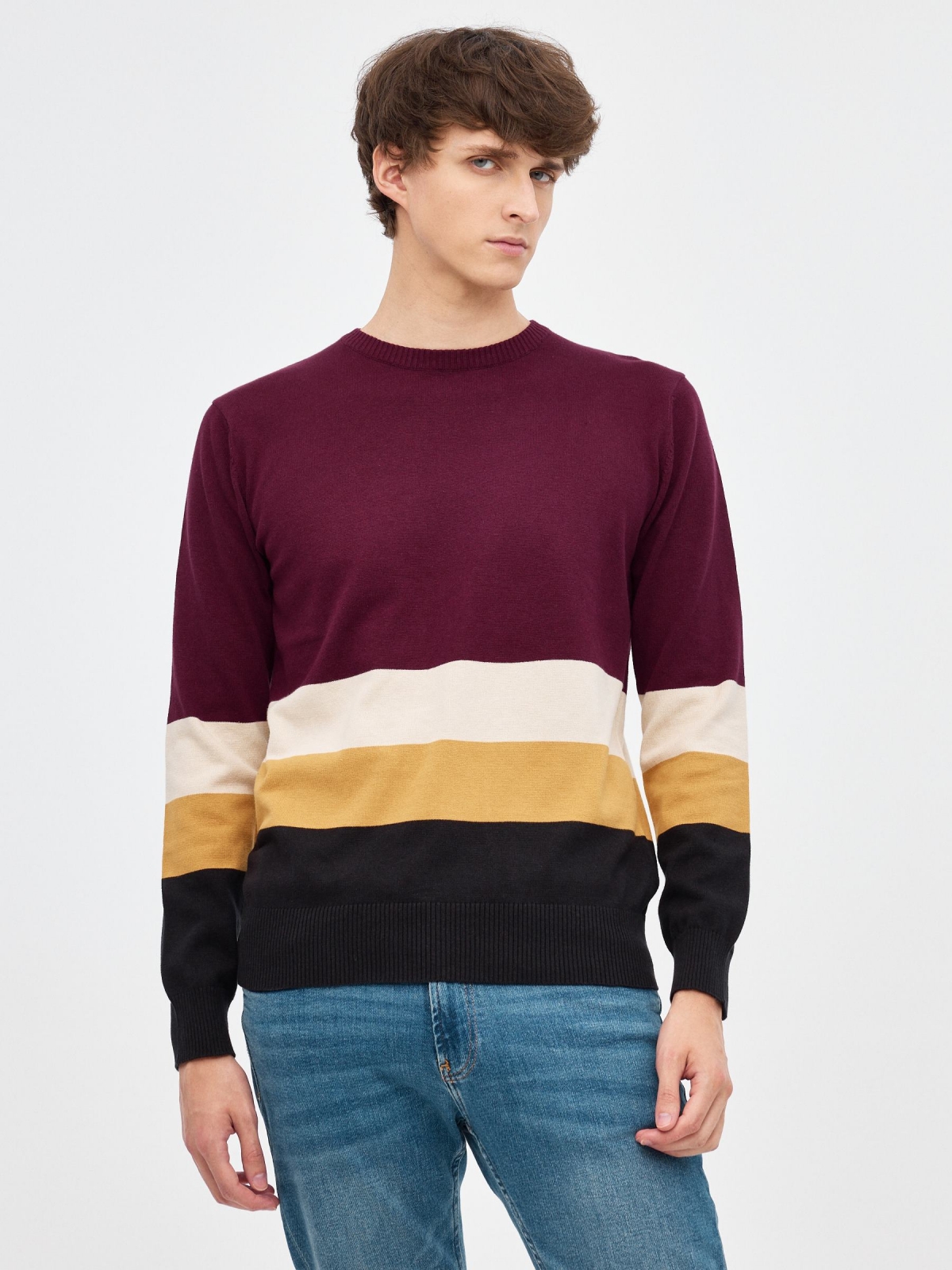 Color block knitted sweater burgundy middle front view
