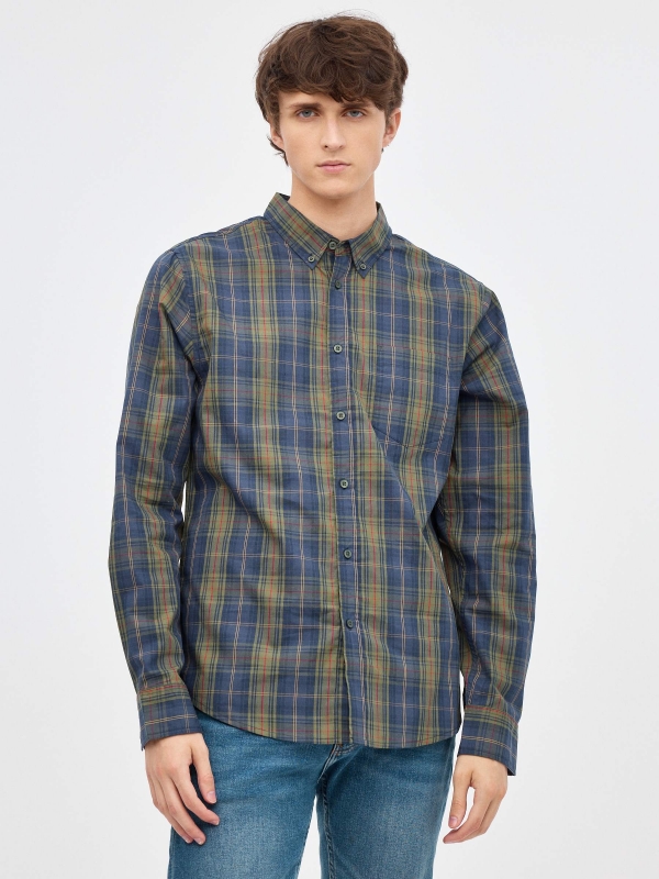 Regular fit blue checkered shirt green middle front view