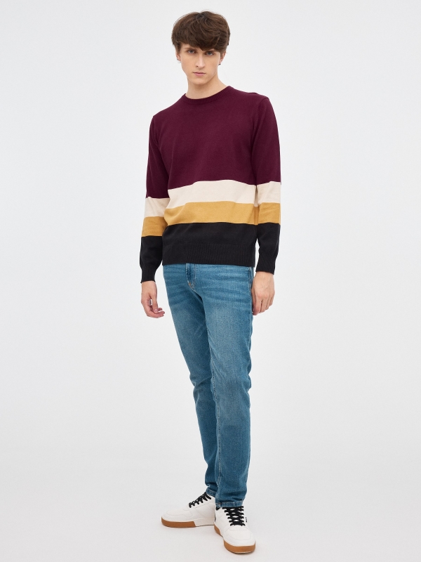 Color block knitted sweater burgundy front view