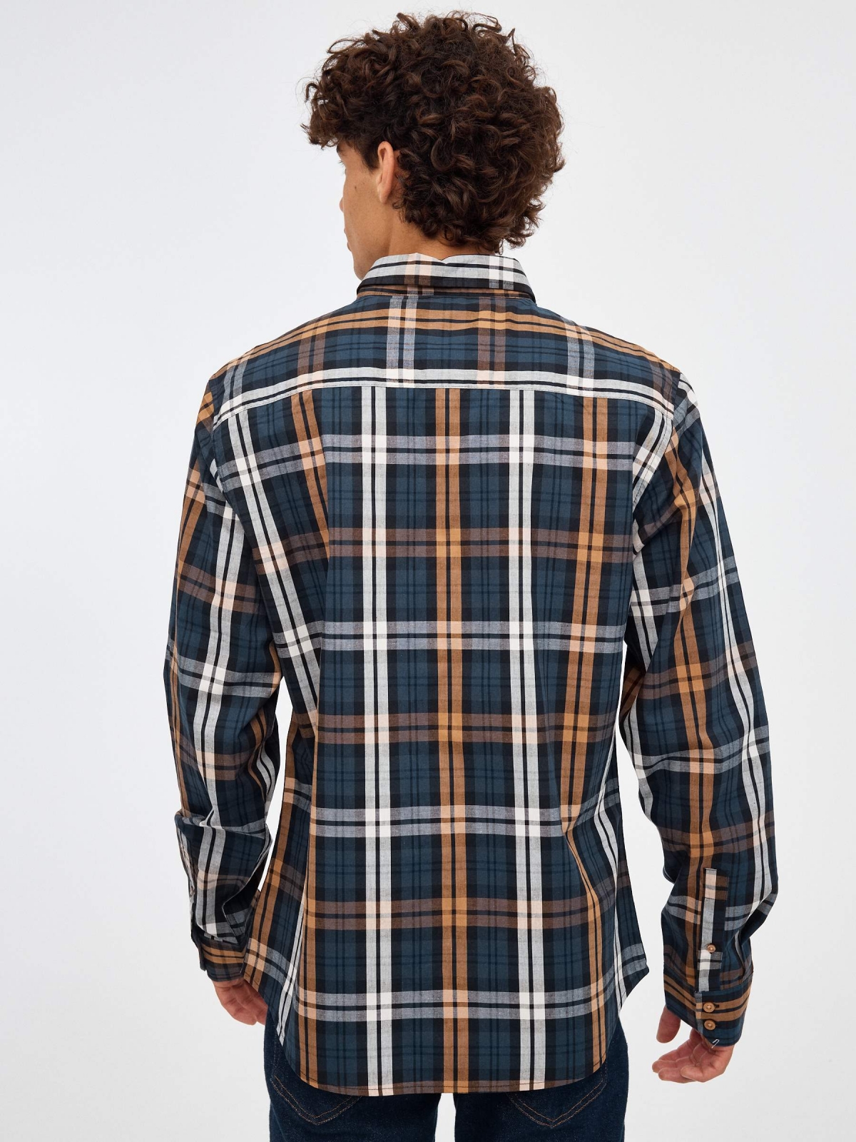 Blue and orange checkered shirt blue middle back view