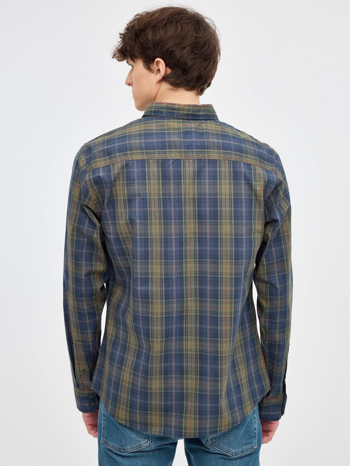 Regular fit blue checkered shirt green middle back view