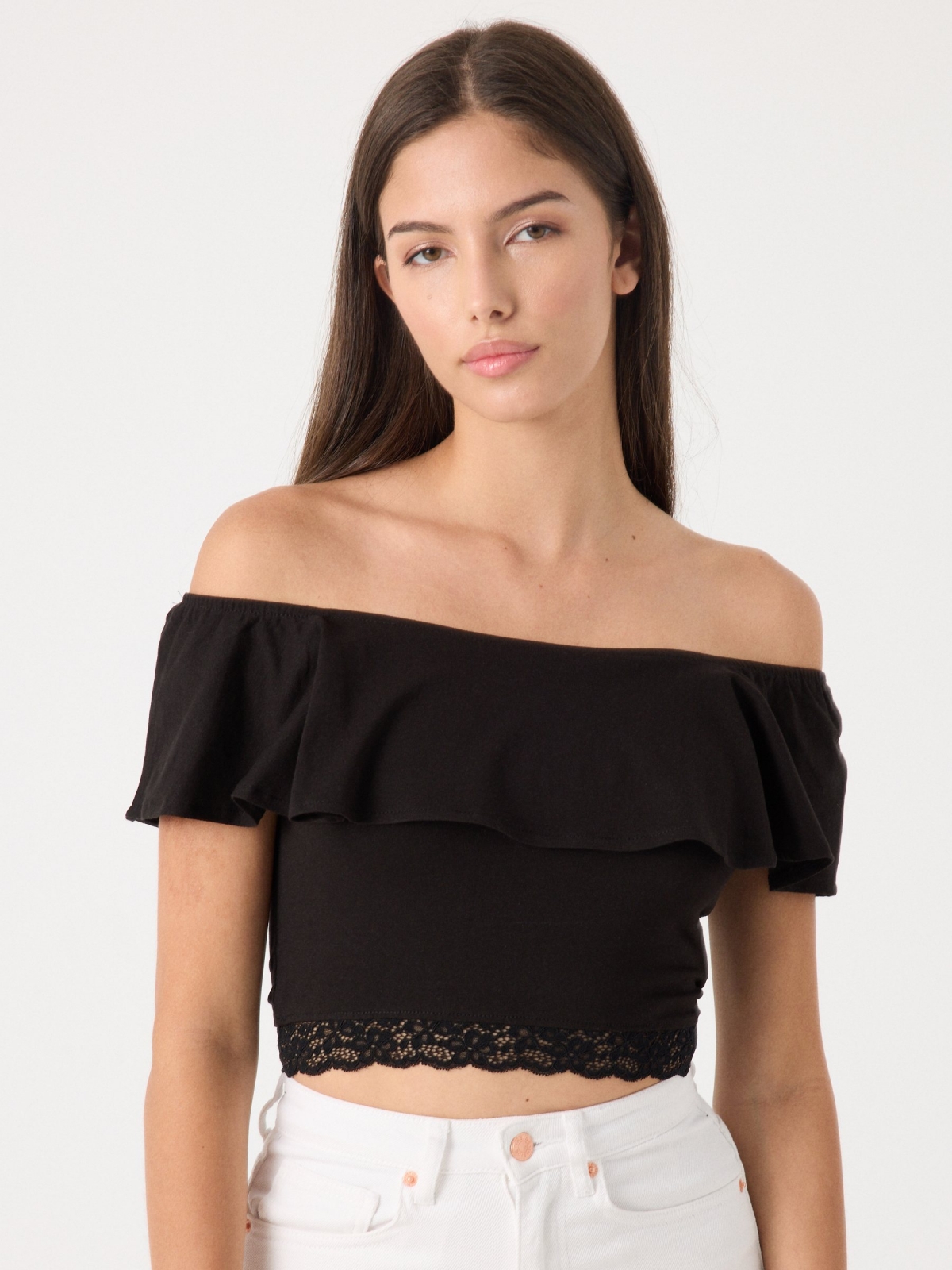 Ruffle bardot top black middle front view