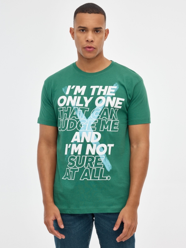 T-shirt printed text green middle front view