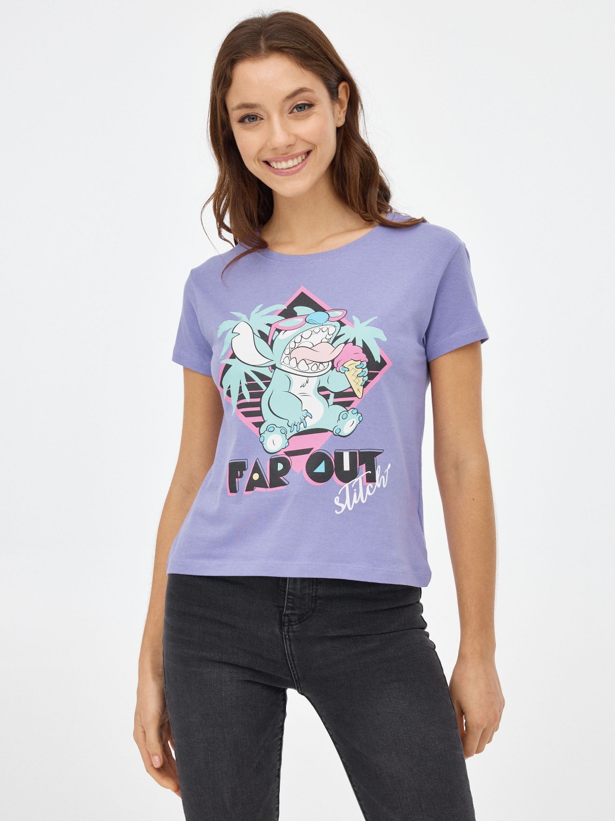 T-shirt Stitch lilás vista meia frontal