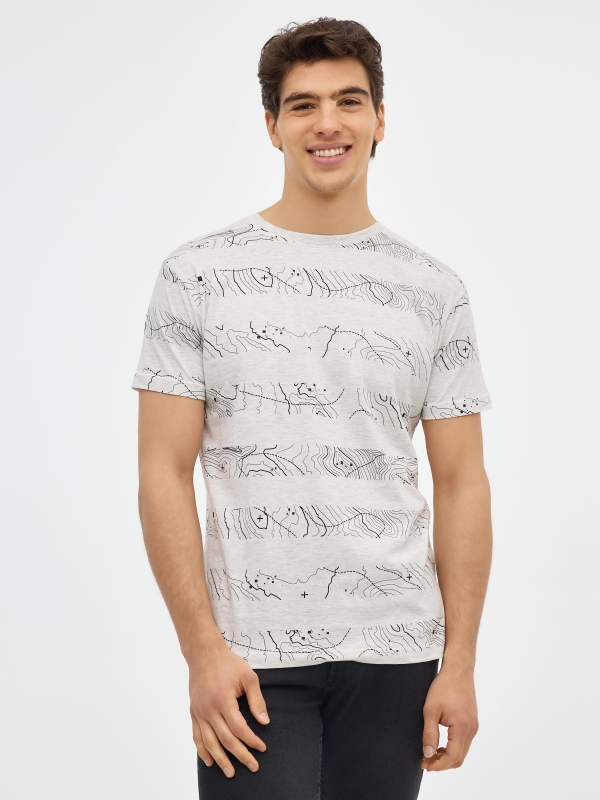 T-shirt de impressão topográfica cinza vista meia frontal