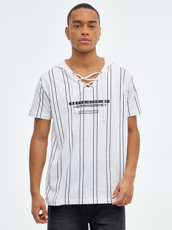 Striped T-shirt with hood white middle front view
