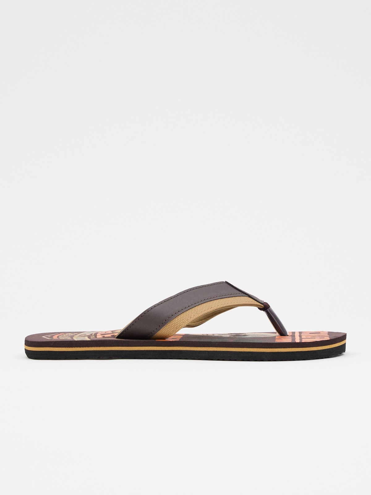 Patent leather thong sandal earth brown lateral view
