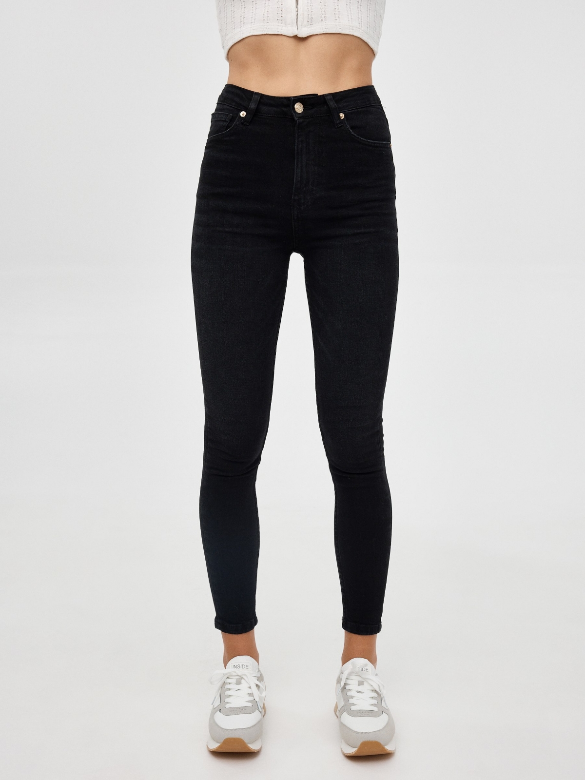 High rise skinny jeans black middle front view