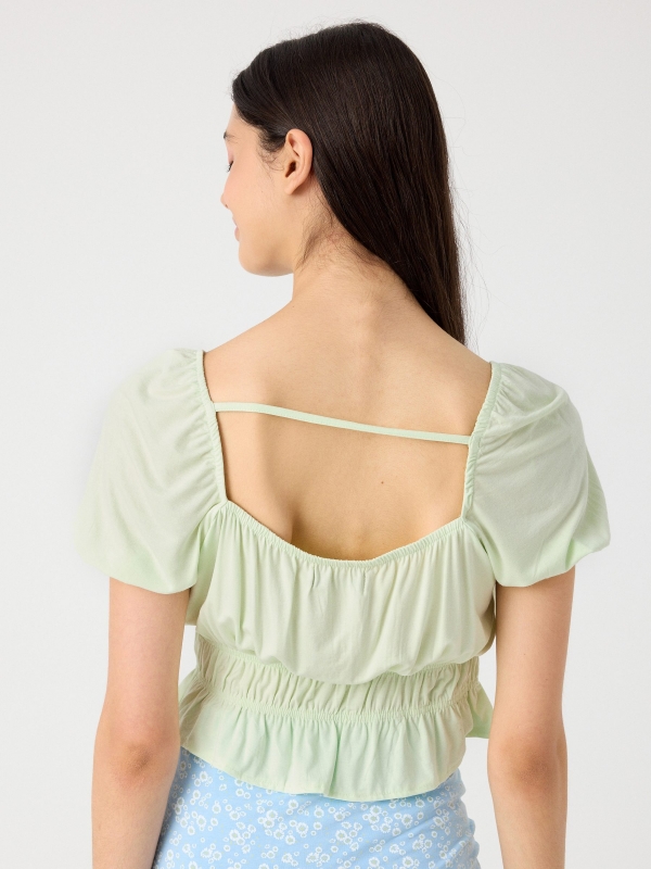 Lace up ruffle cropped t-shirt light green middle back view