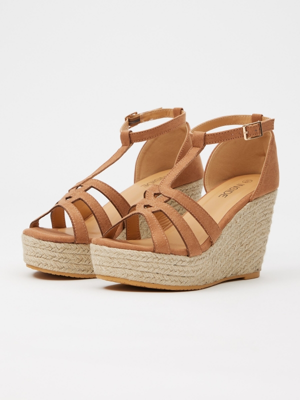 Jute wedge with straps light brown 45º front view