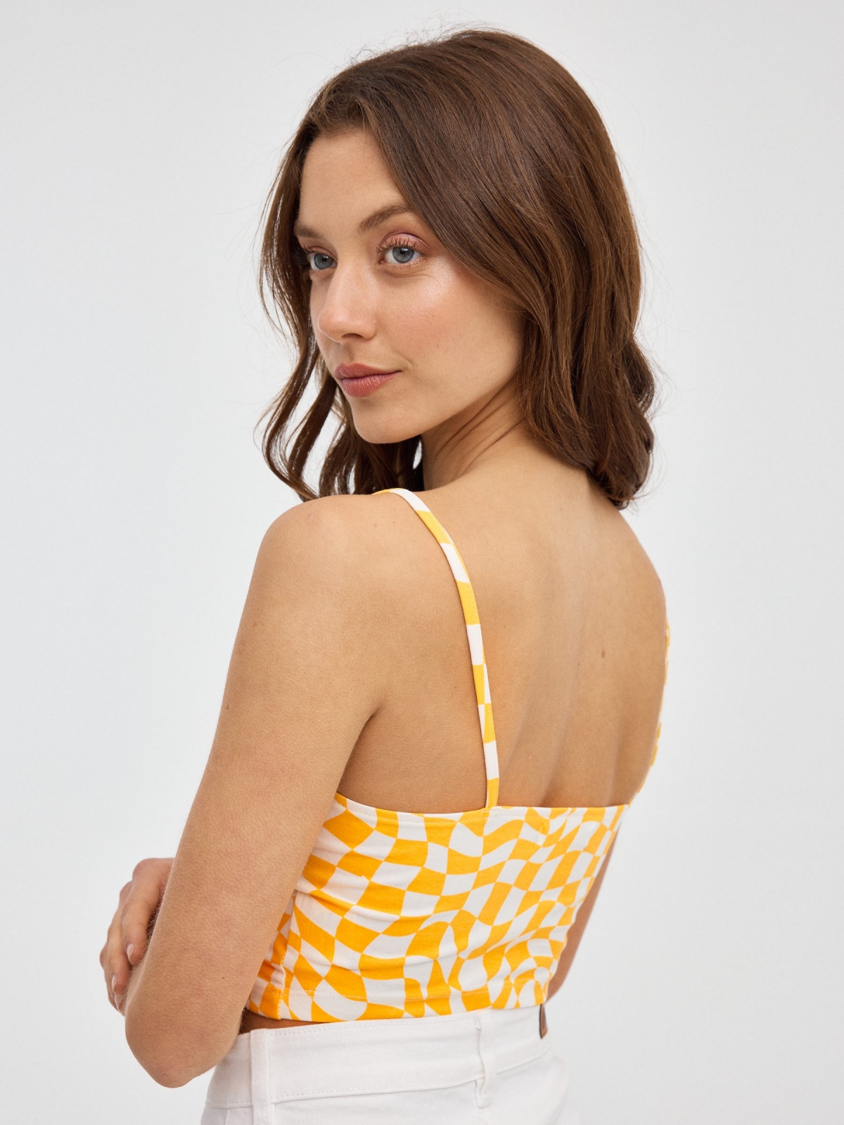 Crop top print plaid amber middle back view
