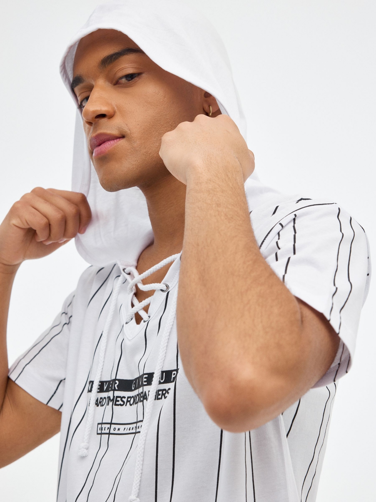 Striped T-shirt with hood white detail view