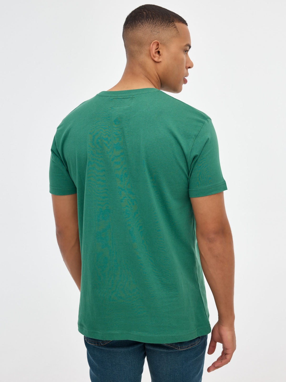 T-shirt printed text green middle back view