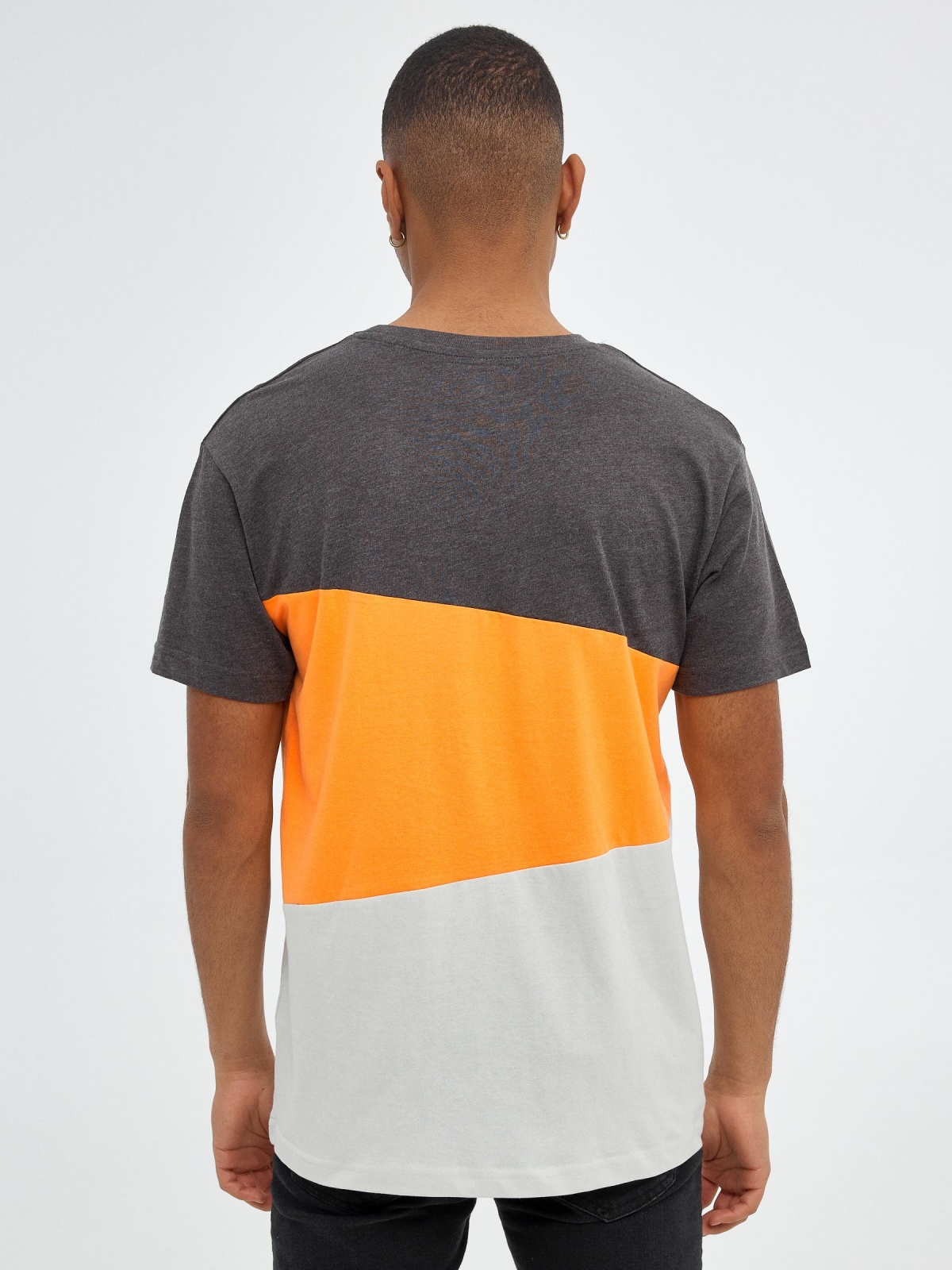 T-shirt em block tricolor cinza escuro vista meia traseira