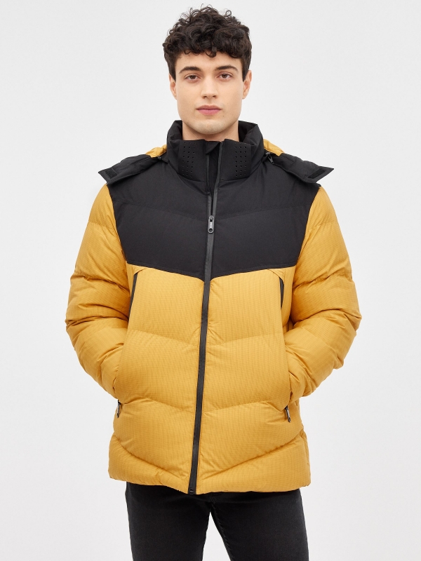 Block color quilted coat yellow middle front view