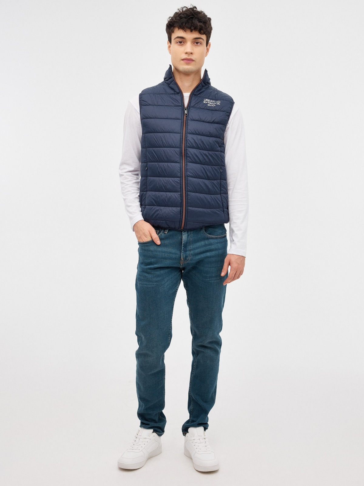 Quilted vest with graphic blue front view