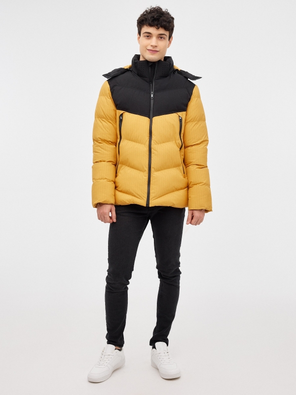 Block color quilted coat yellow front view