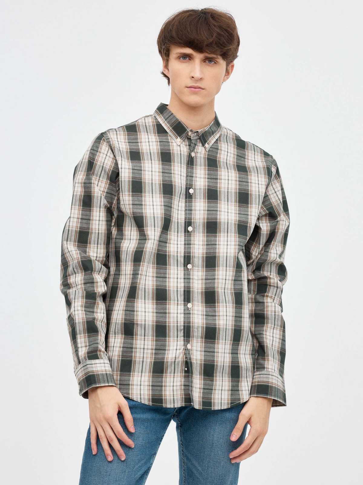 Green checkered shirt beige middle front view