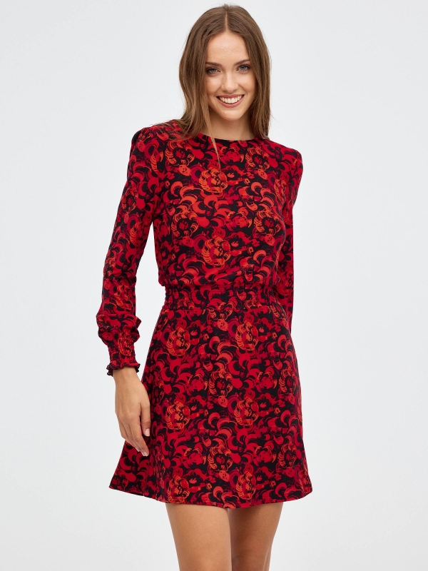 Mini vestido com print regular e elásticos vermelho profundo vista meia frontal