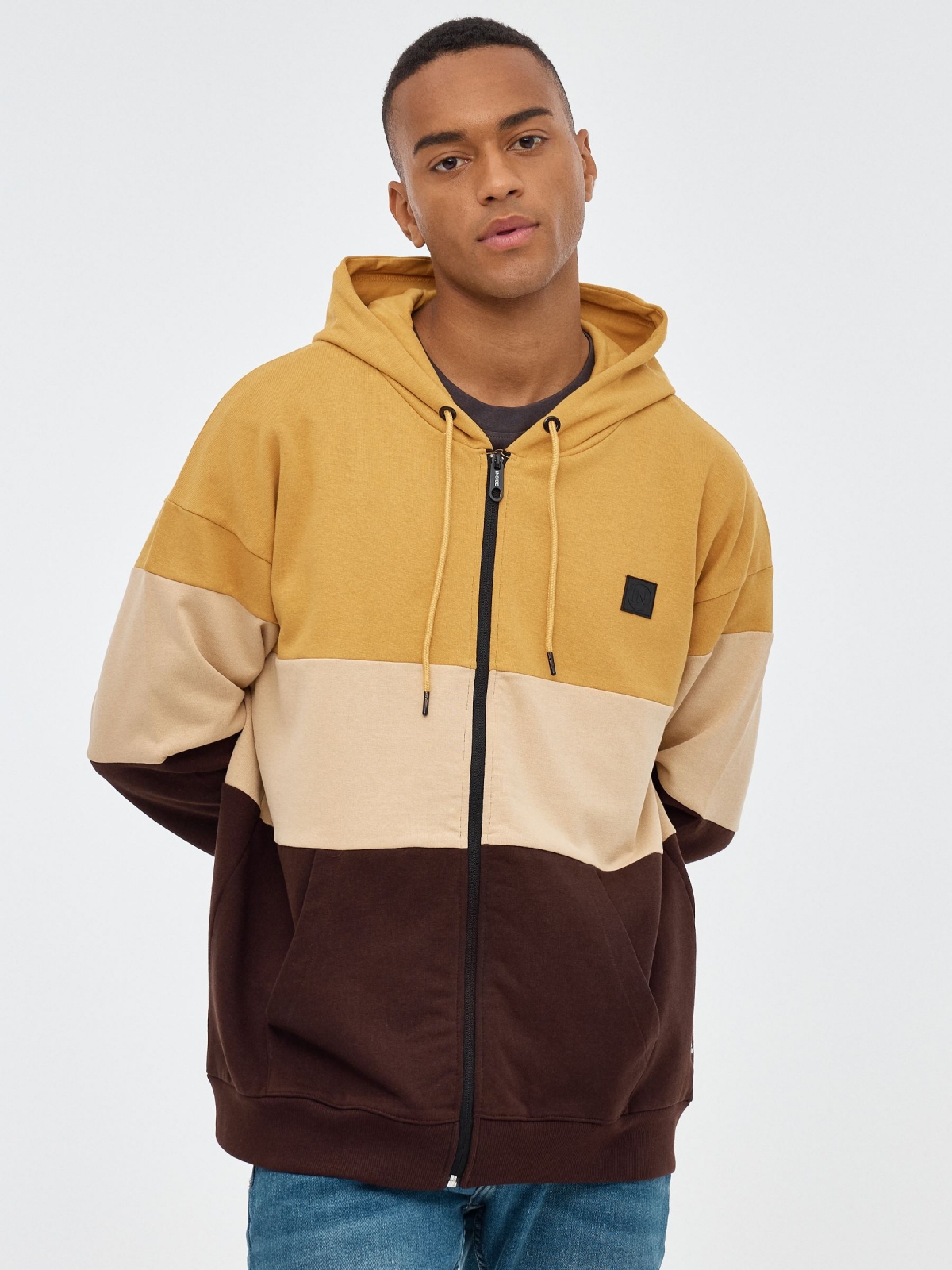 Brown block color hooded sweatshirt ochre middle front view