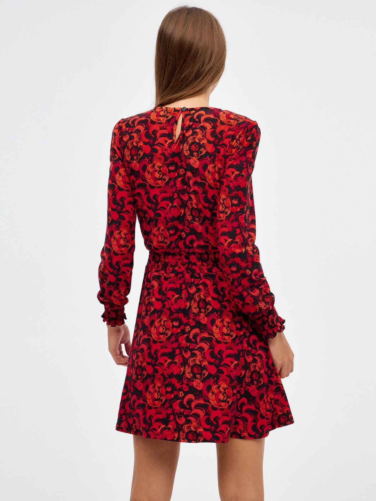 Regular print mini dress with elastic bands deep red middle back view