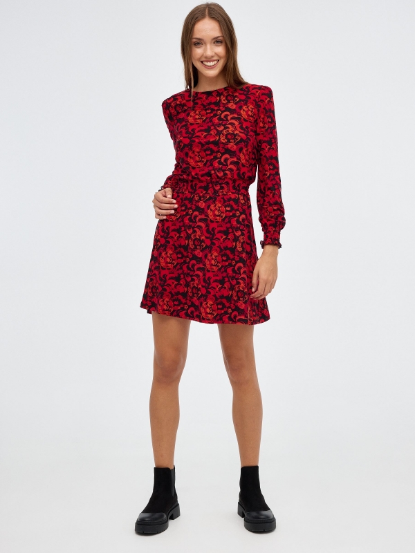 Regular print mini dress with elastic bands deep red front view