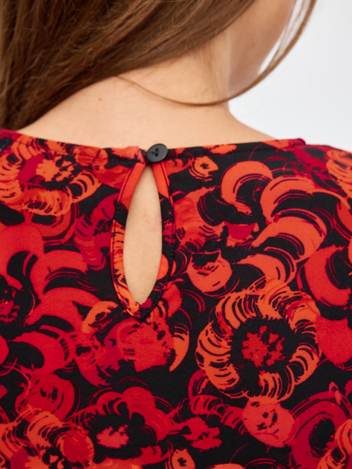 Regular print mini dress with elastic bands deep red detail view