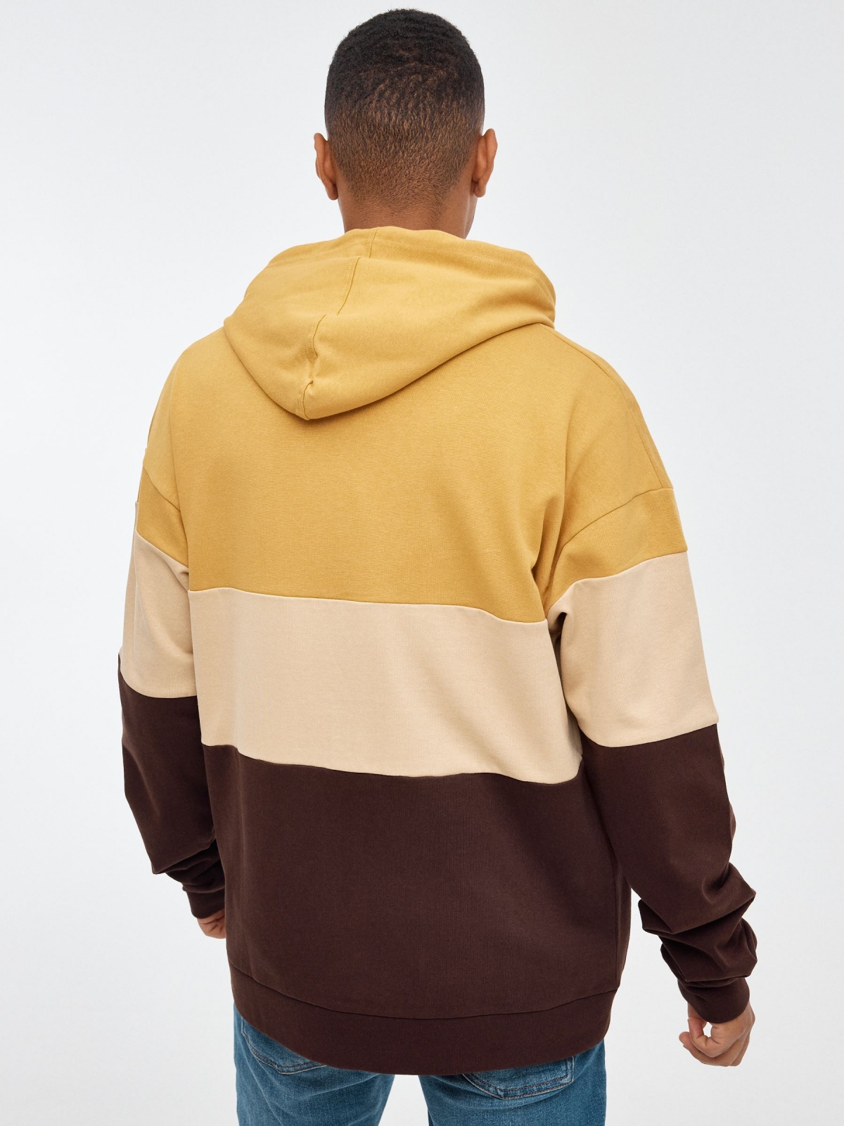 Brown block color hooded sweatshirt ochre middle back view