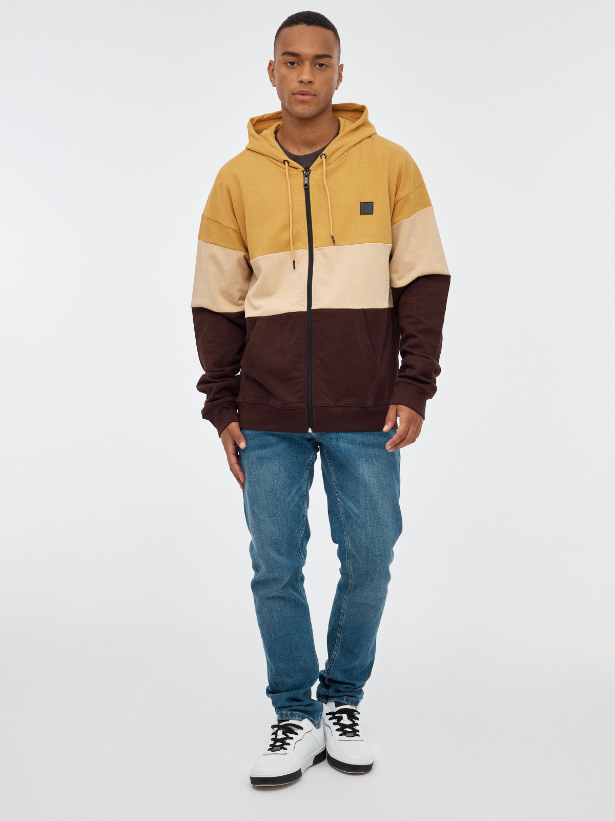 Brown block color hooded sweatshirt ochre front view