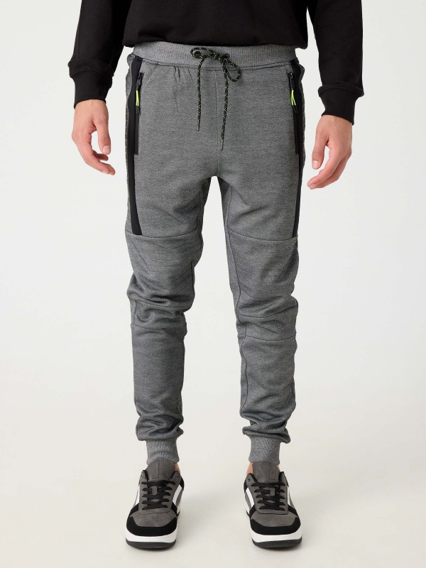 Jogger pants with zippers grey middle front view