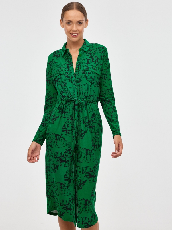 Printed midi shirt dress dark green middle front view