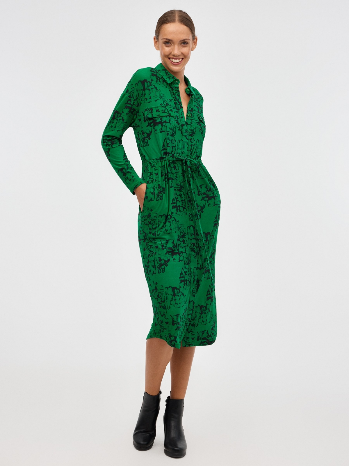 Printed midi shirt dress dark green front view