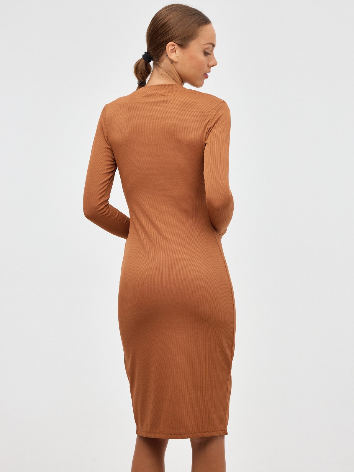 Ribbed midi dress with slit brown middle back view