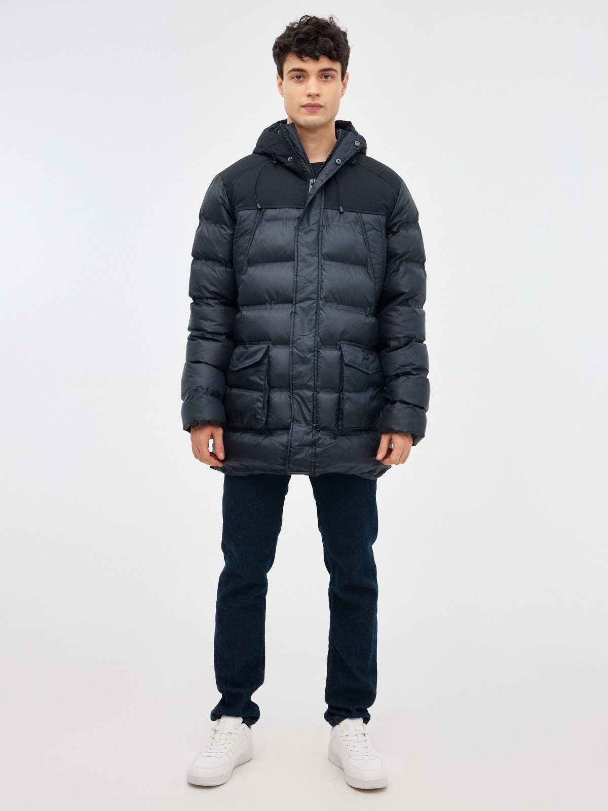 Hooded parka blue front view