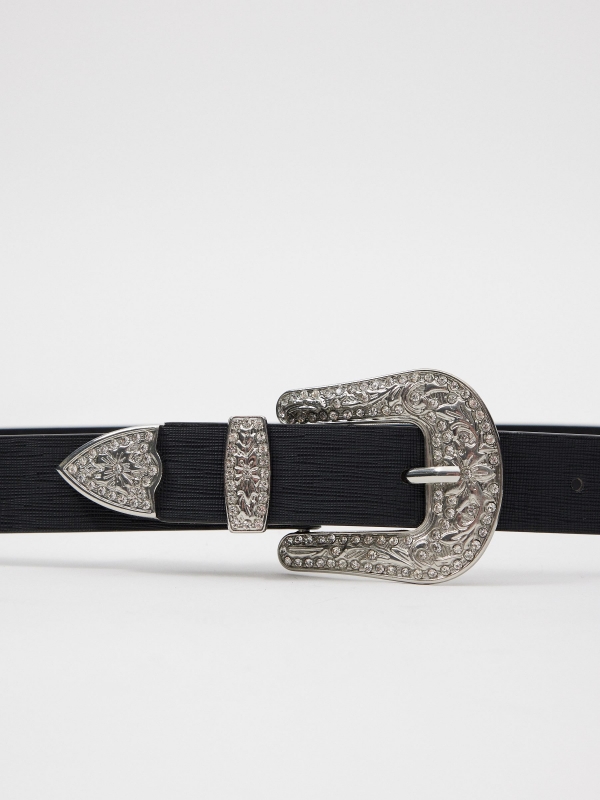 Rhinestone buckle leatherette belt black detail view