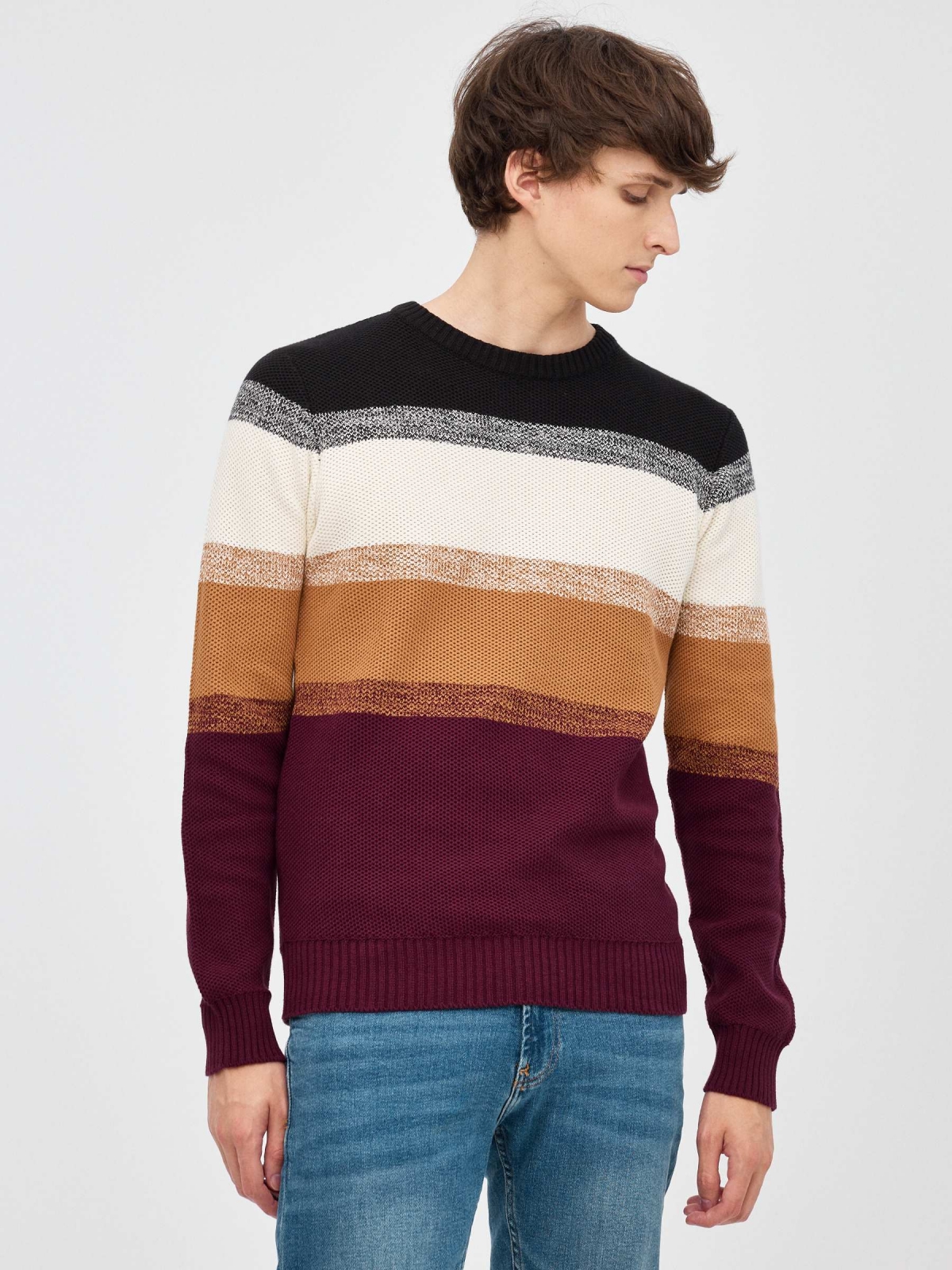 Striped knitted sweater garnet middle front view