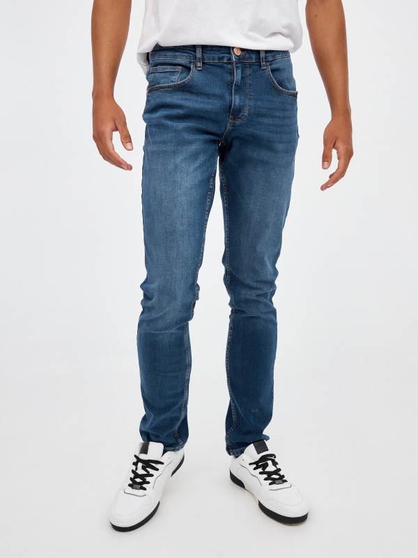 Mid rise slim denim jeans blue middle front view
