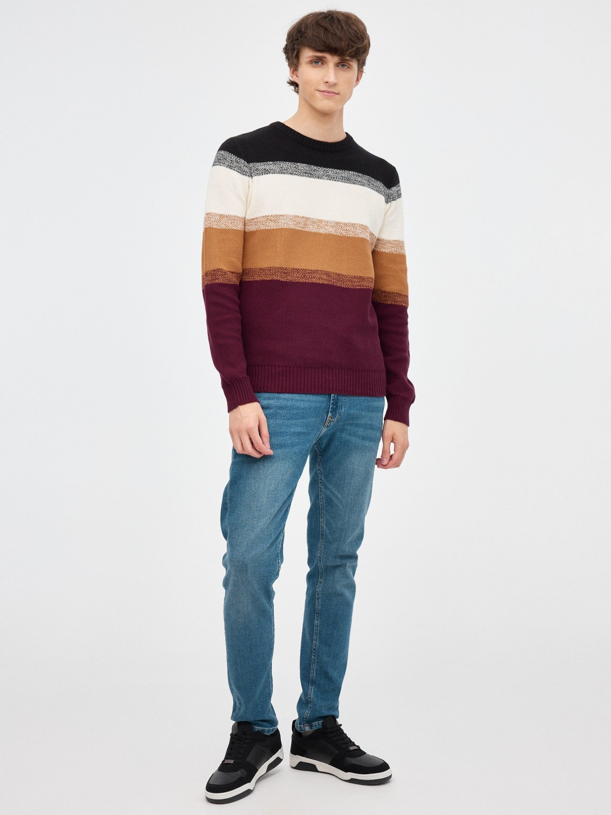 Striped knitted sweater garnet front view
