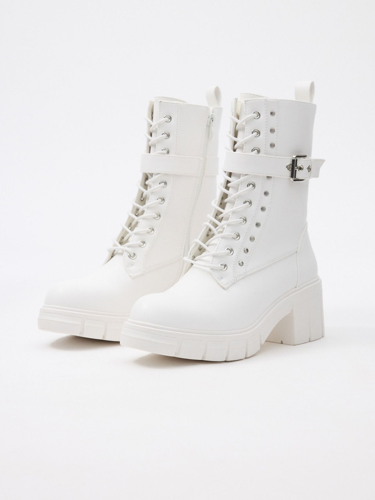 Ankle boots with buckle and studs white 45º front view