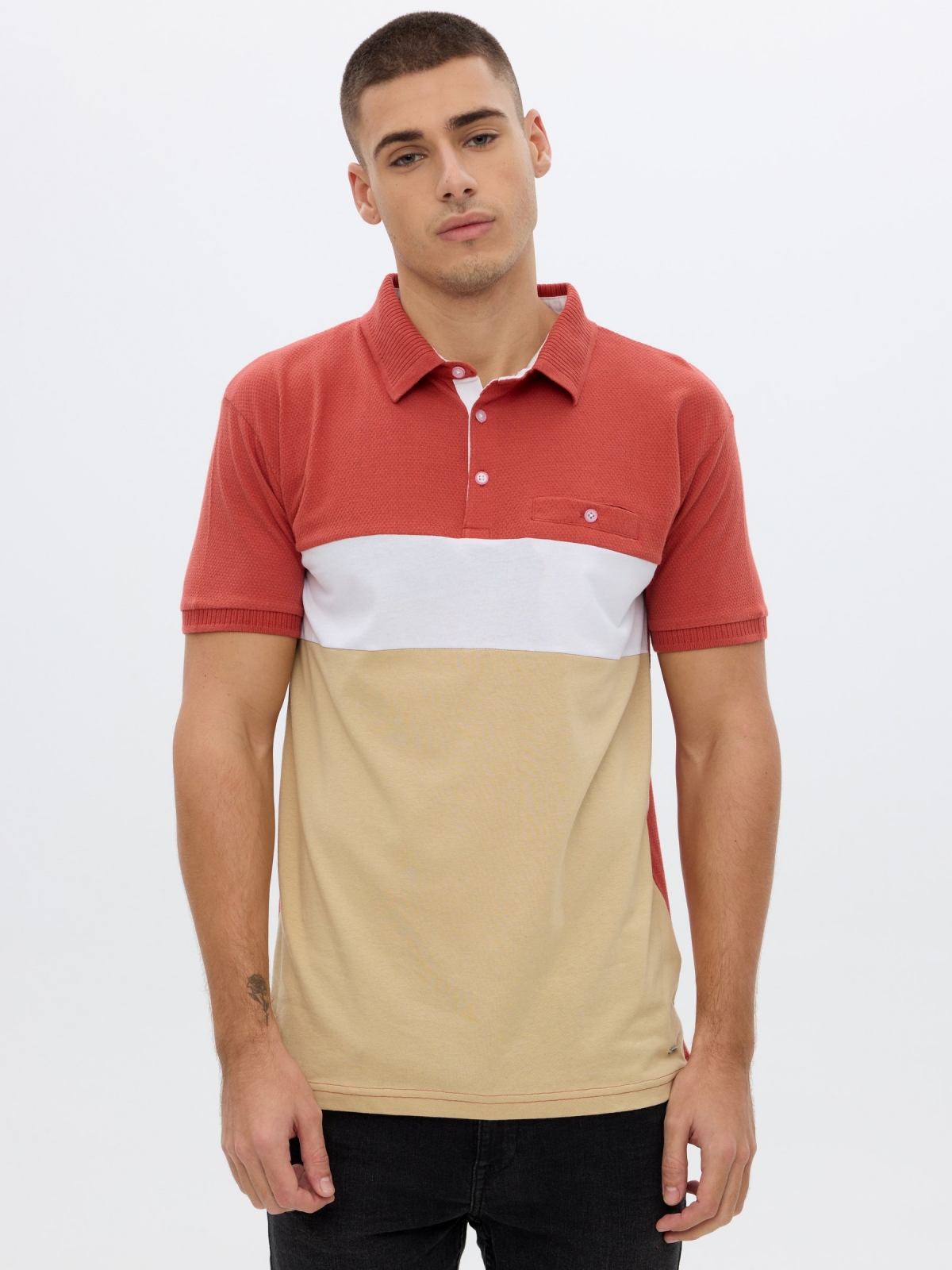 Woven striped polo shirt brick red middle front view