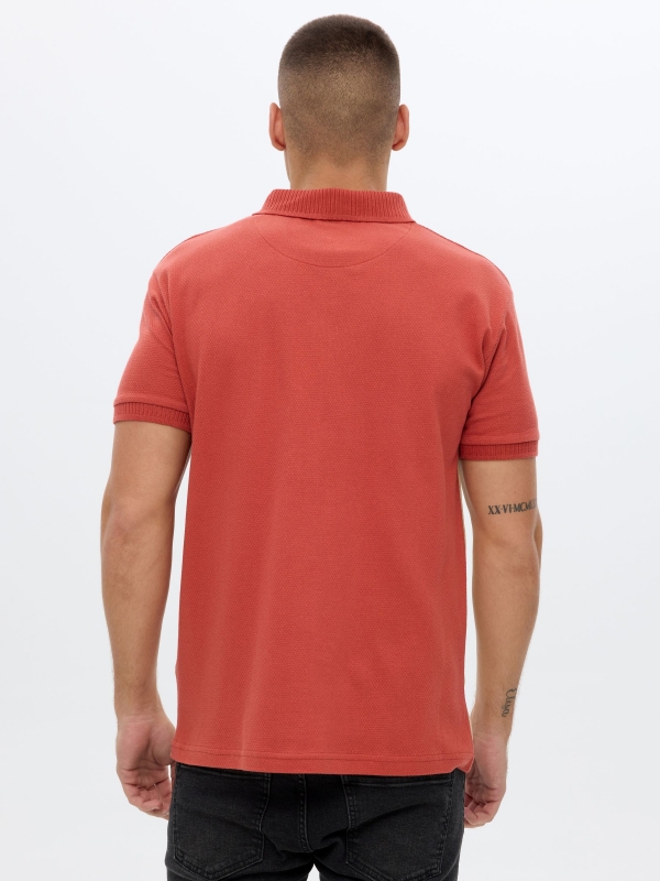 Woven striped polo shirt brick red middle back view